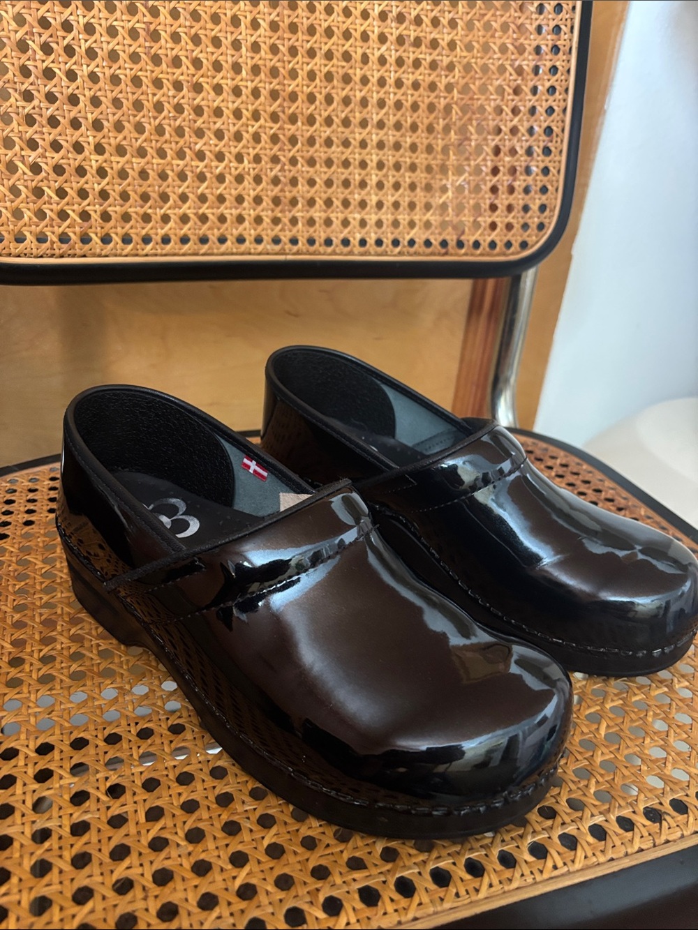 Sanita Black Patent Slip-On Clog Shoes